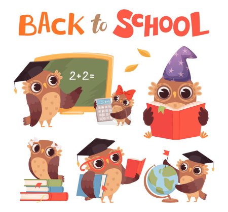 Illustration for Cartoon owls. Cute clever forest birds with books vector set. Illustration bird owl education, school teacher and students - Royalty Free Image