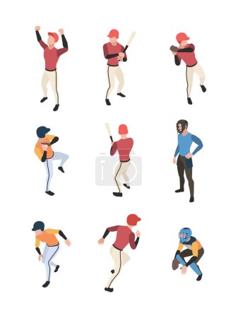 Téléchargez les illustrations : Baseball isométrique. Sport game team people in action poses running standing baseball pitcher vector illustration. Baseball sport, joueur de jeu - en licence libre de droit