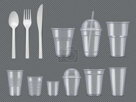 Illustration for Disposable utensils. Plastic tableware knives forks spoons glasses cups vector realistic template. Tableware spoon and fork, cup and utensil illustration - Royalty Free Image