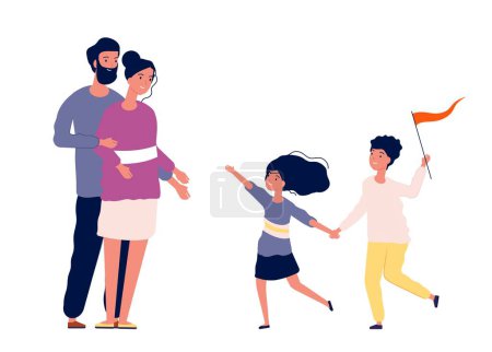 Illustration for Family together. Happy children running to parents. Mother father waiting daughter and son, boy with flag vector illustration. Family happy together, child and parent - Royalty Free Image