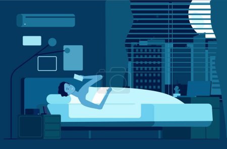 Illustration for Gadget addiction. Man at night with smartphone, male insomnia. Sleep time, boy wake up in dark room vector illustration. Addiction gadget, internet media online night - Royalty Free Image