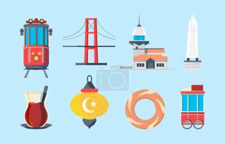 Illustration for Istanbul landmarks. Muslim buildings skylines traditional buildings turkey bridge vector signs in flat style. Building landmark to travel and tourism illustration - Royalty Free Image