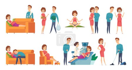 Illustration for Pregnant woman. Family couple waiting baby. Husband wife daily activities vector illustration. Family pregnant couple, pregnancy period - Royalty Free Image