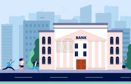 Illustration for People run to bank. Financial crisis, crowd need money. Banking system, city administrative building vector illustration. Crisis and bankruptcy, business problem - Royalty Free Image