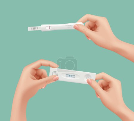 Illustration for Pregnancy test in hands. Happy woman holding positive feminine test vector realistic medical concept. Illustration pregnancy test in hands - Royalty Free Image