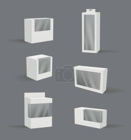 Illustration for Realistic gift box. Transparent plastic packages modern product container vector 3d illustration empty mockup. Pack and package realistic, blank box transparent - Royalty Free Image