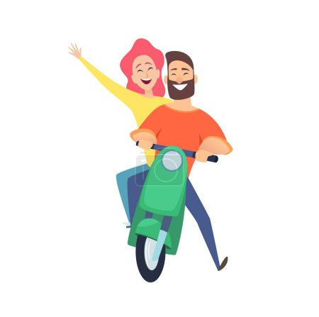 Illustration for Scooter ride. Happy woman man riders. Cute cartoon couple on date. Male female drivers vector illustration. Ride scooter woman and man, bike transport - Royalty Free Image