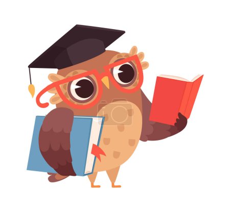 Ilustración de Autoeducación. Búho leyendo libros, carácter inteligente aislado. Pájaro de dibujos animados con gafas estudiando ilustración vectorial. El búho recibe educación, aprendizaje y lectura - Imagen libre de derechos