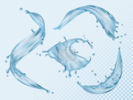 Illustration for Water splashes. Flowing liquid aqua with various drops vector realistic set. Illustration aqua liquid, water splash drop - Royalty Free Image