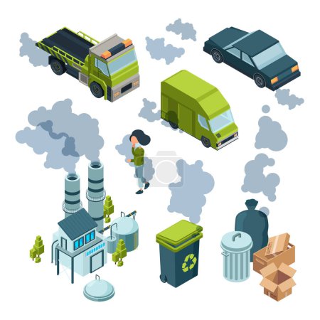 Illustration for Air pollution isometric. Factory bad environment chemical garbage urban vehicle trash vector isometric. Illustration pollution air and smokestack - Royalty Free Image
