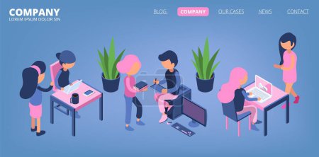 Illustration for Business people landing. Managers, office male and female isometric characters. Business communication, teamwork vector banner. Business people man and woman at workplace illustration - Royalty Free Image