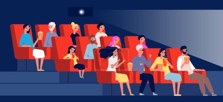 Illustration for Characters watching movie. Persons sitting in chairs in cinema hall vector flat pictures concept. Auditorium of cinema, audience relaxing and looking illustration - Royalty Free Image