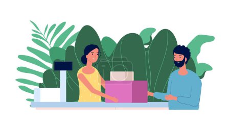Illustration for Customer and cashier. Shopping concept. Flat man makes purchases at checkout. Smiling cashier girl, store vector illustration. Woman cashier in store, customer with purchase - Royalty Free Image