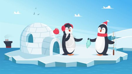Téléchargez les illustrations : Jolis pingouins amoureux. Animaux d'hiver de Noël. Caricature de pingouins sur glace dans l'océan avec illustration vectorielle de poissons. Poissons et pingouins, des animaux heureux sur l'iceberg - en licence libre de droit