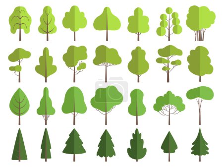 Ilustración de Árboles verdes planos. Naturaleza plantas forma limpia formas colección vectorial aislado. Ilustración árbol y planta verde, naturaleza ambiente - Imagen libre de derechos