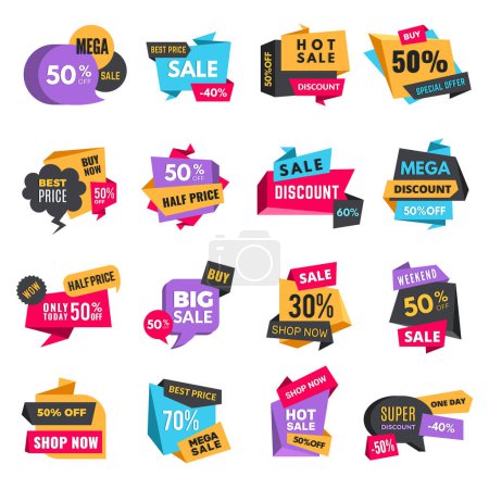 Illustration for Discount tags. Product ads special offer badges low prices promotional labels hot sale best vector shopping colored stickers. Discount price tag, banner label promotion advertising illustration - Royalty Free Image