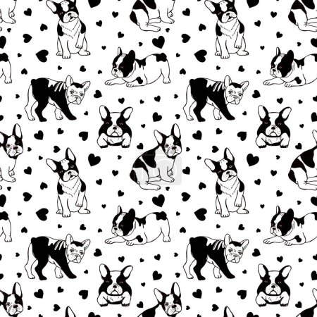 Illustration for Dogs pattern. French bulldog seamless texture. Vector pets background. Black and white dogs isolated on white background. Illustration french bulldog pattern, wallpaper and background animal - Royalty Free Image