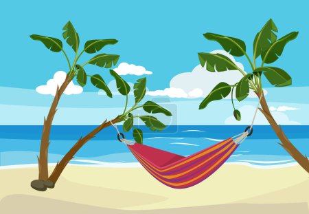 Illustration for Hammock beach. Tropical background rest place between palm trees outdoor exotic sunset vector cartoon. Hammock beach on sea coast illustration - Royalty Free Image