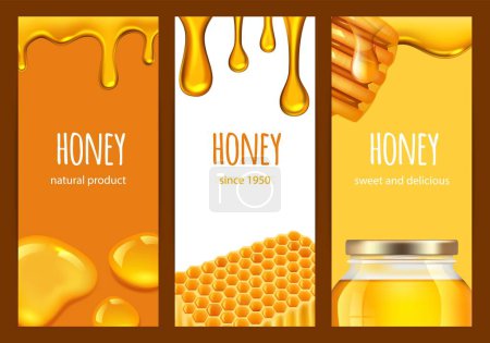 Téléchargez les illustrations : Des prospectus de miel. Miel doux et réaliste, rayon de miel, éclaboussures d'or. Modèle de bannières vectorielles d'aliments frais de ferme. Illustration miel d'or sucré, carte gourmande - en licence libre de droit