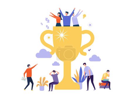 Illustration for Successful business team. Winner cup and tiny people. Happy winning and angry losing teams vector illustration. Winner business team, businessman with award - Royalty Free Image
