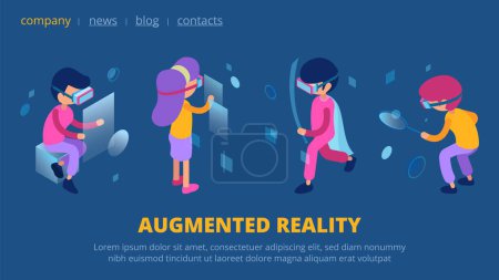 Illustration for VR concept. Augmented reality technology web page. Isometric vector characters with VR glasses. Virtual cyberspace augmented, technology reality web isometric illustration - Royalty Free Image