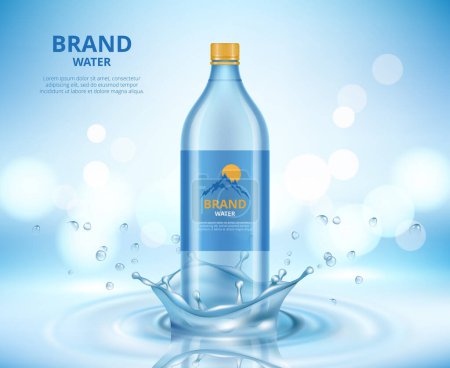 Illustration for Water advertizing. Clean transparent bottle standing in liquid splashes and drops of water vector realistic placard. Illustration water bottle natural, clean and blue fresh - Royalty Free Image