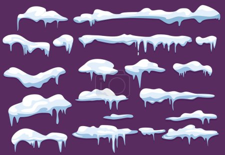 Illustration for Winter snowcap. Weather decoration elements snow frozen icicles snowflake vector kit. Weather snowcap frozen, icy and snowball illustration - Royalty Free Image