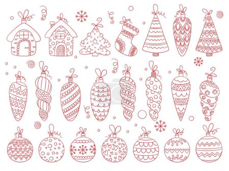 Illustration for Winter toys. Christmas balls holiday decoration ornamental stars and snowflakes bubbles and bells vector hand drawn set. Christmas winter toys for decoration illustration - Royalty Free Image
