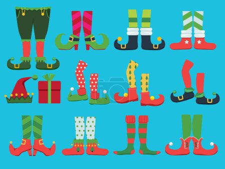 Illustration for Xmas shoes. Fairytale elf boots and leggings santa boy legs and shoe vector christmas collection. Illustration elf xmas shoes and leggings costume pants - Royalty Free Image