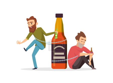 Illustration for Alcohol addict. Drunk men, alcohol abuse vector illustration. Alcoholism concept. Alcohol abuse, alcoholic addict, addiction drunk - Royalty Free Image