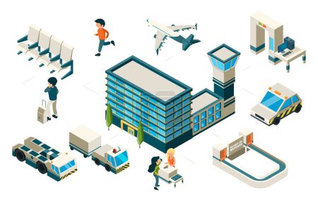 Illustration for Airport concept. Isometric plane airport building passengers venicles. Vector transport 3d elements. Illustration plane and isometric airport, passenger and terminal - Royalty Free Image
