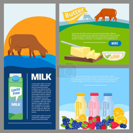 Téléchargez les illustrations : Des produits laitiers bannières. Promo annonce des photos de lait frais de ferme et de produits biologiques dans la collection de cartes vectorielles bouteilles. Lait de ferme et produits laitiers biologiques illustration - en licence libre de droit