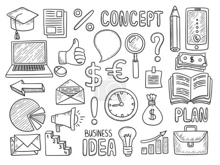 Illustration for Business doodles. Creative items for work money office computer note pen education tools manager items vector hand drawn collection. Illustration business drawn sketch, money outline and pen sketchy - Royalty Free Image
