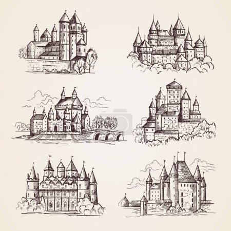 Illustration for Castles medieval. Old tower buildings vintage architecture ancient gothic castles vector hand drawn illustrations. Town tower, sightseeing building, castle famous - Royalty Free Image