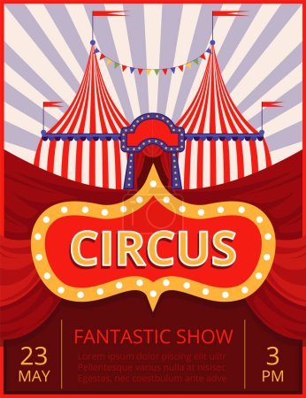 Illustration for Circus invitation. Festival or party event poster template with stripe tent pictures and place for text vector circus theme. Illustration festival circus, vintage entertainment poster - Royalty Free Image