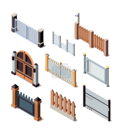 Illustration for Construction fences. Garden door gate metals or wooden panels railing fences vector isometric. Illustration barrier and border for protection fence - Royalty Free Image
