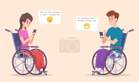 Illustration for Disabled person online. Disability characters dating and chatting online smartphone handicapped vector illustration. Online people disabled, disability support - Royalty Free Image