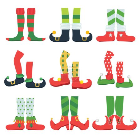 Illustration for Elf feet. Christmas fairytale character colorful stylish boots santa shoes and leggings vector cartoon set. Elf shoes, feet and legs striped illustration - Royalty Free Image