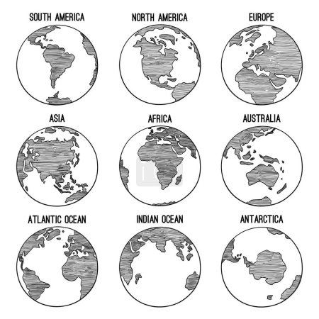 Ilustración de Globo de la Tierra garabato. Planeta bosquejado mapa América India África continentes vector ilustraciones dibujadas a mano. Globo mundo tierra, América, África, continente mundial - Imagen libre de derechos