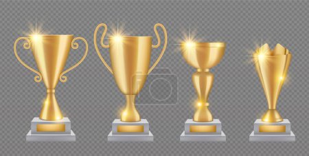 Illustration for Gold trophy. Realistic golden award cups collection. Shine trophies isolated on transparent background. Illustration gold award and trophy realistic - Royalty Free Image