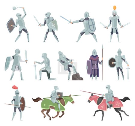 Illustration for Knights. Medieval battle armor characters crusaders historical battle mascots vector cartoon. Horseman and sword, mace and shield illustration - Royalty Free Image
