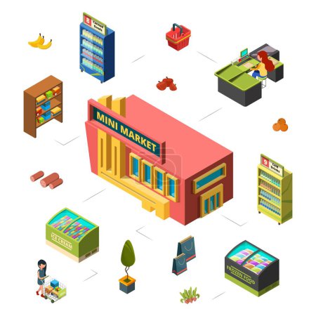 Illustration for Mini market concept. Grocery store isometric vector illustration. Market building, counters, customer. Shop market sale, commercial supermarket - Royalty Free Image