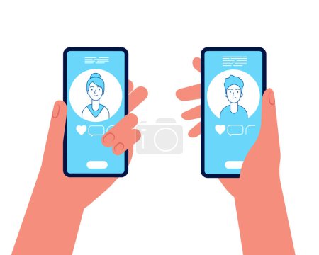 Illustration for Online dating. Man and woman holding smartphones and see on screen display male and female avatars vector concept. Smartphone online dating app, love man and woman illustration - Royalty Free Image