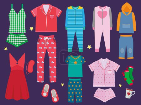 Illustration for Pajamas set. Sleeping clothes collection for children and adults sleepwear textile vector colored cartoon illustration. Fashion clothes for bedtime, textile apparel sleepwear - Royalty Free Image