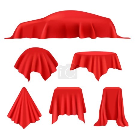 Illustration for Red silk covered. Revealer cloth realistic exhibition curtains royal cover studio display vector collection. Presentation red fabric satin, advertising and surprise opening illustration - Royalty Free Image