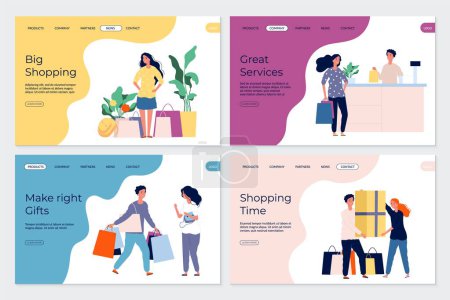 Illustration for Shopping landing pages. Shopping characters. People in market boutique store buyers. Flat vector customers with bags gifts purchases banners. Illustration shop market, shopping web page - Royalty Free Image