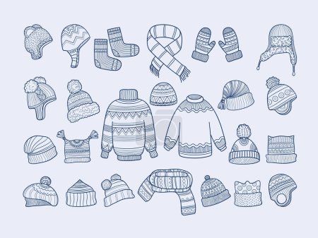 Des vêtements d'hiver. Chapeau de mode de Noël mitaines chaussettes pull écharpe vecteur collection doodle. Chaussettes vêtements, mitaines et chapeau illustration