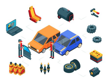 Photo for Car repair. Isometric car parts vector concept. Autos, tires, door, gas tank, battery and mechanics. Car repair, auto service isometric illustration - Royalty Free Image
