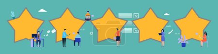 Illustration for Customer reviews. Feedback, five stars vector flat illustration. Rating, flat tiny people write reviews. Rating review service, customer feedback - Royalty Free Image