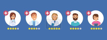Illustration for Doctors rating. Five star rating concept. Search good doctor. Medical staff reviews vector illustration. Healthcare doctor rating, physician review - Royalty Free Image